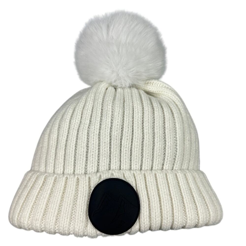 Beanie Faux Fur Pom Pom Ribbed Knit White